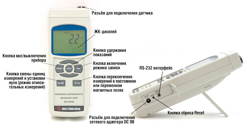 Органы управления измерителя магнитной индукции АТТ-8701