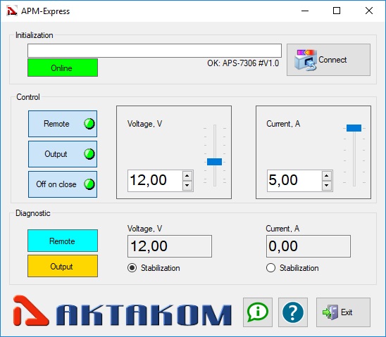 APM Express Aktakom Power Manager Express Программное обеспечение управления источником питания - Главное окно
